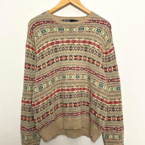 Vintage 1990s Polo by Ralph Lauren Multi Color Geometric Print Navajo Knit Cotton and Cashmere Pullover Crewneck Sweater (fits adult Medium)