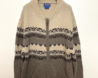 Vintage Pendleton Lambswool Striped Geometric Print Zip Up Western Sweater Jacket (fits size adult Large)