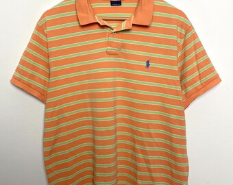 Vintage 1990s Poloshirt von Ralph Lauren Orange und Grün gestreiftes Kurzarm-Poloshirt (Größe L)