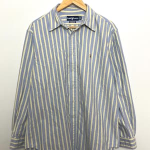 Vintage 1990s Polo by Ralph Lauren Blue and Yellow Striped Button Up Long Sleeve Shirt (size adult XL)