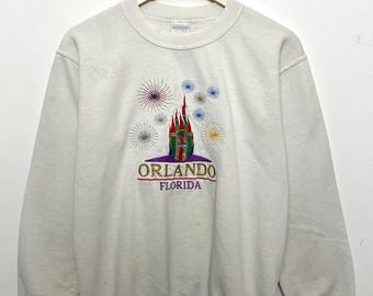 Sudadera vintage de cuello redondo con estampado de castillo bordado de Orlando, Florida, de los años 90 (talla pequeña para adulto)