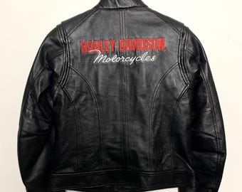 Chaqueta de motociclista vintage de cuero genuino con cremallera y logotipo de Harley Davidson (talla pequeña para mujer)