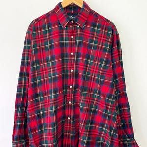 Vintage 1990s Polo by Ralph Lauren Red Blue and Green Plaid Checkered Print Long Sleeve Shirt (size adult Large)