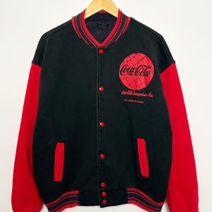 Vintage 1990s Coca Cola Button Up Black and Red Sweatshirt Bomber Jacket (size adult Large)