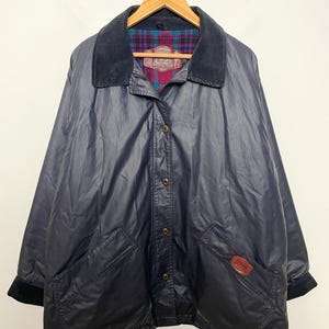 Vintage 1990s Woolrich made in USA Women’s Navy Blue Windbreaker Plaid Wool Lined Corduroy Collar Field Chore Jacket Coat (size women’s XL)