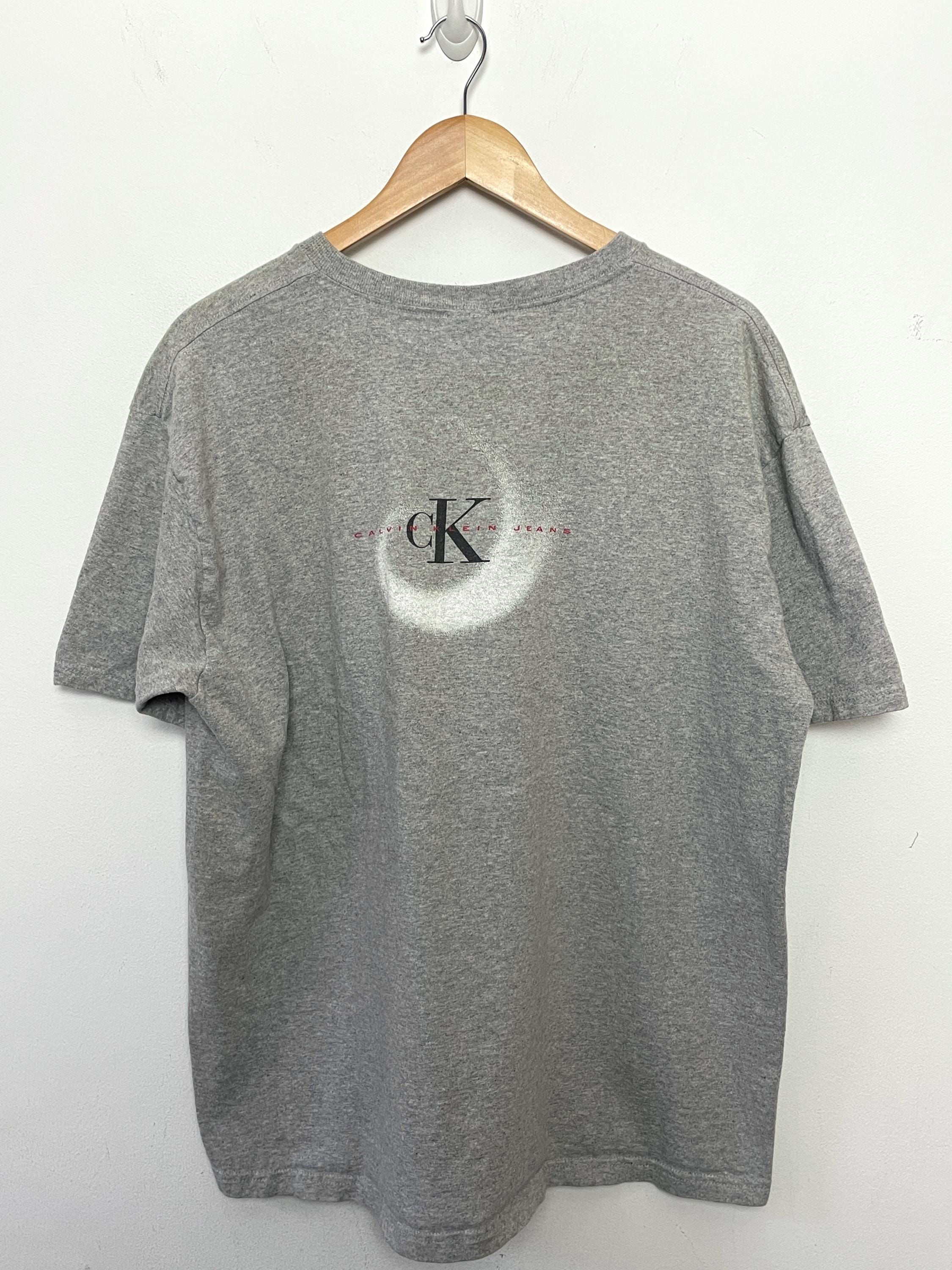 Vintage 1990s Calvin Klein Jeans Spell Out Graphic Gray Tee Shirt 