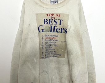 Sudadera vintage de cuello redondo desgastada con gráfico Spell Out de los años 90, "Los 10 mejores golfistas", Tiger Woods, Jack Nicklaus y Arnold Palmer (talla XL)