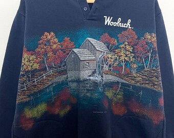 Vintage 1990s Woolrich Fall Foliage Autumn Scenery Watermill
