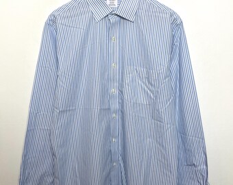 Camisa vintage Brooks Brothers Regent azul listrada de manga comprida com botões (veste tamanho G adulto)