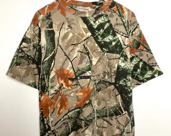 Vintage Realtree-stil t-shirt med skogskamouflagefickor (storlek vuxen Large)