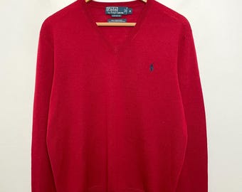 Pull vintage Polo by Ralph Lauren en laine mérinos italienne rouge (taille adulte moyenne)
