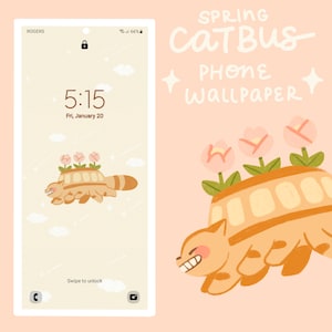 Fondo de pantalla del teléfono Spring Catbus para iOS y Android / Cute Digital Ghibli Art
