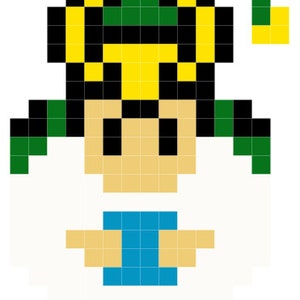 May include: A pixel art illustration of a character wearing a green hat with yellow hair, a white shirt and blue trousers. The character is holding a blue object in their hands.