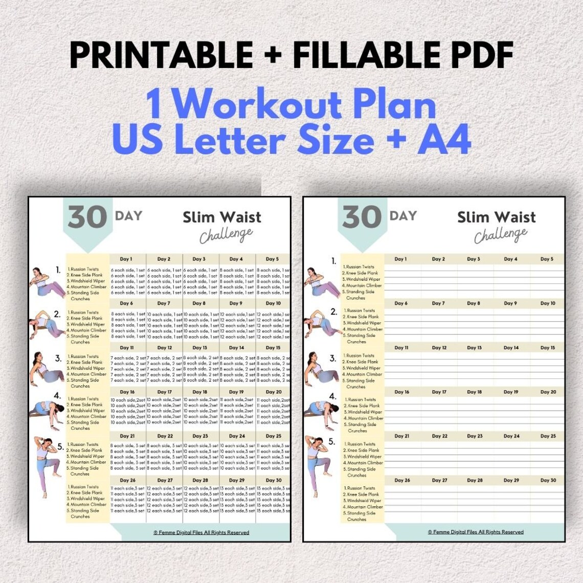 30 Day Ab Workout, Printablefillable PDF, 30 Days Workout Challenge ...
