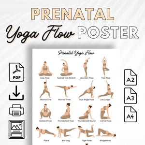 Rutina de yoga prenatal imprimible, póster de posturas de yoga, secuencia de yoga, ejercicio de estiramiento, PDF de flexibilidad durante el embarazo, arte mural de asanas de flujo lento