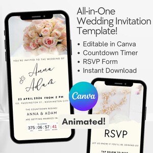 May include: A digital wedding invitation template displayed on a smartphone screen. The template includes a countdown timer, RSVP form, and editable text. The text reads "You're invited to the wedding of Anna & Adam" and "23 April 2026 from 2 PM". The background features a floral design with pink roses.
