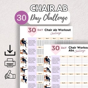 Défi pour abdominaux sur chaise 30 jours, imprimable + à remplir, exercice sur canapé, entraînement pour seniors et débutants, planificateur de remise en forme, calendrier de routine, graphique de progression