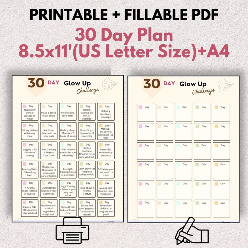 30 Day Glow up Challenge Printable: Self Care Planner (PDF Download) - Etsy
