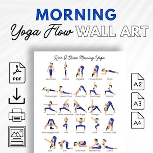 Arte de pared con rutina de yoga matutina, tarjetas con gráficos de secuencias de yoga, póster de asanas, decoración de estudio de yoga imprimible, estiramiento para despertarse, impresión de flujo de buenos días