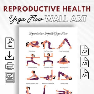 Puede incluir: Un póster de pared imprimible que presenta una secuencia de flujo de yoga para la salud reproductiva. El póster incluye ilustraciones de 10 posturas de yoga con sus nombres enumerados debajo de cada postura. Las posturas incluyen la postura del niño, la postura del gato/vaca, el perro boca abajo, la postura del guerrero II, la postura de la diosa, la postura de la mariposa, el pliegue hacia adelante sentado, la torsión reclinada, la postura del puente y una postura final. El póster está disponible en tamaños A2, A3 y A4.