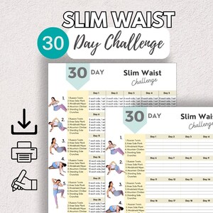 May include: A 30-day slim waist challenge workout plan with a table listing exercises for each day. The exercises include Russian twists, knee side plank, windshield wiper, mountain climber, and standing side crunches.