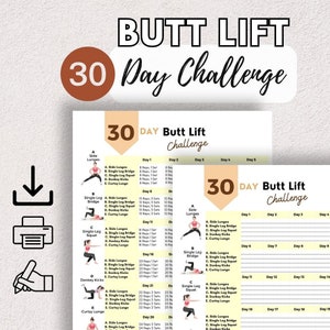 Pode incluir: Um plano de treino de 30 dias para um desafio de levantamento de glúteos imprimível. O gráfico lista cinco exercícios diferentes: lunges laterais, ponte de uma perna só, agachamento de uma perna só, chutes de burro e lunges de cortesia. Cada exercício é atribuído a um dia específico do mês. O gráfico também inclui o número de repetições e séries para cada exercício.