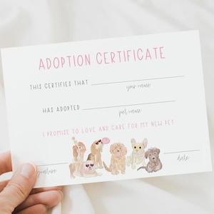 Rosa Hundeadoptionsurkunde editierbar, Let's Pawty Dog Adoption druckbar, Dog Pawty Adopt a Dog Sofortiger Download, Digital Adopt a Puppy