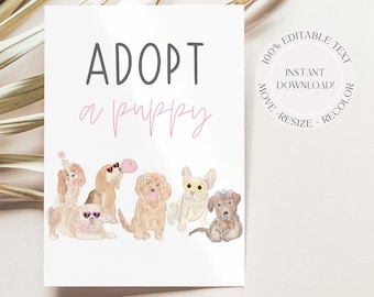 Könnte beinhalten: Druckbarer Schild mit der Aufschrift "Adoptiere einen Welpen" mit einer Aquarell-Illustration von sieben Welpen, die Sonnenbrillen und Partyhüte tragen. Das Schild sagt auch "100% editierbarer Text, Sofort-Download! Verschieben - Größe ändern - Umfärben".