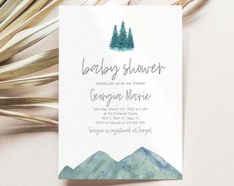 Winter Mountains Baby Shower Invite Template, Instant Download Mountain Baby Shower Invitation, Editable Forest Shower Invitation