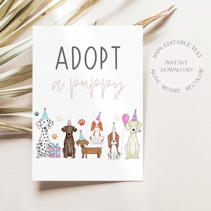 Adopt a Puppy Sign  Editable, Let&#39;s Pawty Dog Adoption Sign Printable, Dog Party Adopt Instant Download, Digital Download Adopt a Pet Sign