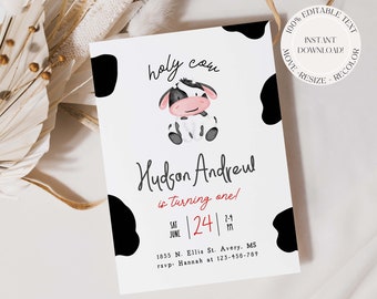 Heilige Kuh, ich bin eine Einladungsvorlage, bearbeitbare Kuh Party einladen, druckbare Kuh einladen Download, digitaler Download Heilige Kuh Geburtstag einladen