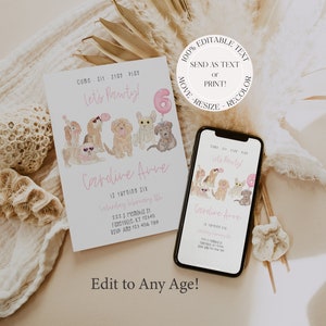 Editable Girl Dog Pawty Birthday Invitation, Let&#39;s Pawty Invite Printable, Puppy Party Instant Download, Digital Download Pink Dogs