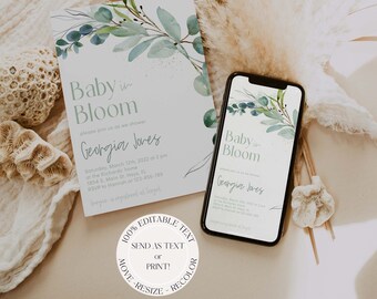 May include: A printable baby shower invitation with a watercolor design of eucalyptus leaves and gold glitter. The invitation says "Baby in Bloom" and includes the text "Please join us as we shower Georgia Jones".