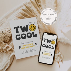 Zwei coole Geburtstagseinladungsvorlage, Smiley-Sofortdownload einladen, Junge Smiley-Gesicht-Geburtstagseinladung, bearbeitbarer 2. Geburtstags-Smiley