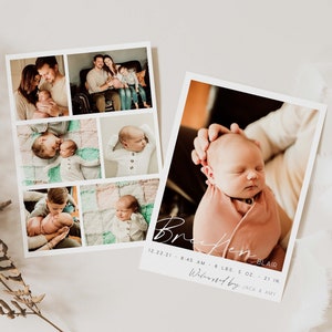Tarjeta de anuncio de nacimiento de foto Descarga instantánea, Anuncio de nacimiento imprimible, Plantilla de tarjeta de anuncio de bebé de bienvenida editable, Doble cara