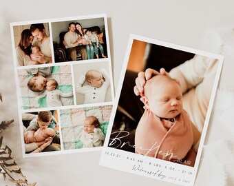 Photo Birth Announcement Card Instant Download, Printable Birth Announcement, Editable Welcome Baby Announcement Card Template, Double Sided