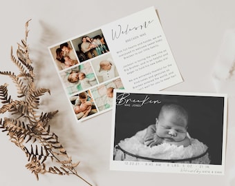 May include: A black and white photo of a newborn baby girl sleeping in a basket. The photo is accompanied by a card with the baby's name, "Brecken Mae Jones", birthdate, time, weight, and length. The card also includes the text "Welcome Brecken Mae" and a message about the baby's arrival.