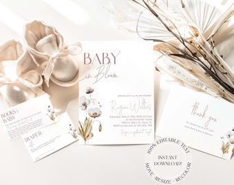 Baby in Bloom Boho Invite Bundle Template, Floral Baby Shower Invite Instant, Editable Spring Baby Shower, Instant Download Baby in Bloom