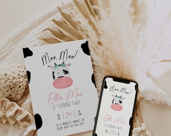 Cow Birthday Invitation Template, Digital Pink Cow Party Invitation, Editable Farm Birthday Invite, Digital Download Moo Birthday Invitation