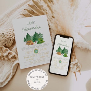 Camping Geburtstags-Einladungsvorlage, sofortiger Download Camp Geburtstags-Einladung, eine glückliche Camper-Einladung, bearbeitbare Kinder Sleepover einladen, Junge