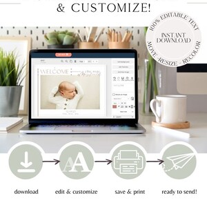 May include: A laptop screen shows a digital design template for a baby announcement card. The template features a photo of a newborn baby with the text "Welcome" and "Ellie Mae Mayfield" in a modern font. The text "12.01.21" is also included. The image shows a step-by-step process for downloading, editing, and customizing the template. The text "100% Editable Text" and "Instant Download" is displayed in a circle.