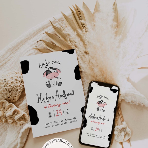 Holy Cow I’m One Invitation Template, Editable Cow Party Invite, Printable Cow Invite Download, Digital Download Holy Cow birthday Invite