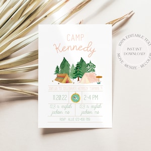 Modèle d'invitation d'anniversaire de camping rose, faire-part d'anniversaire de camping fille modifiable, invitation instantanée un campeur heureux, soirée pyjama numérique