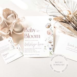 Editable Spring Baby in Bloom Invite Bundle, Boho Baby Shower Invite Download, Editable Dried floral Digital, Baby in Bloom Bundle Template