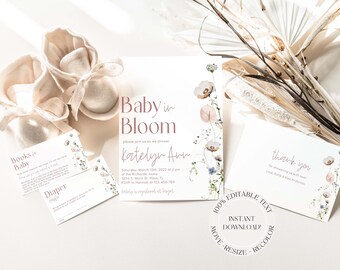 Editable Spring Baby in Bloom Invite Bundle, Boho Baby Shower Invite Download, Editable Dried floral Digital, Baby in Bloom Bundle Template