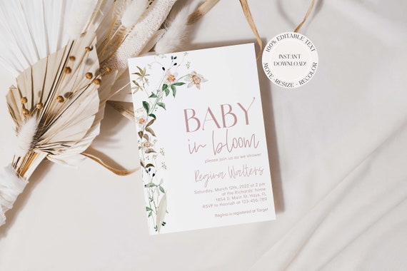 Baby in Bloom Invite Digital Download, Wildflower Baby Shower Instant Download, Editable Baby in Bloom Shower Invitation, Floral Baby Shower