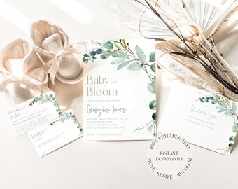 Greenery Baby In Bloom Invite Bundle, Eucalyptus Instant Download Baby Shower Invite, Neutral Summer Baby Shower Invite, Spring Eucalyptus