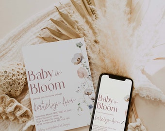Baby in Bloom Shower Invite Template, Instant Download Baby in Bloom Shower Invitation, Editable Boho Baby Shower, Spring Floral Digital