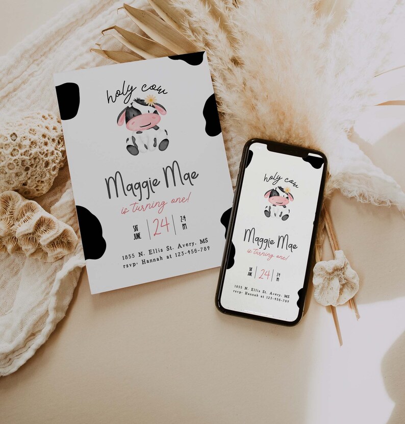 Holy Cow Im One Birthday Invitation Template Pink Cow Print Birthday Invite Editable Girl Cow Birthday Invite Digital Holy