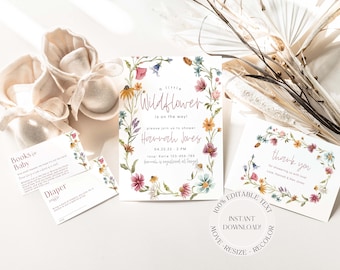 Wildflower Baby Shower Invite Bundle, Editable Baby in Bloom Invite, Instant Download Wildflower Baby Invitation, Spring Floral Wildflowers